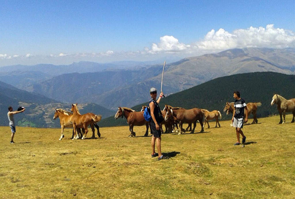 Nois jugant a la muntanya amb cavalls.